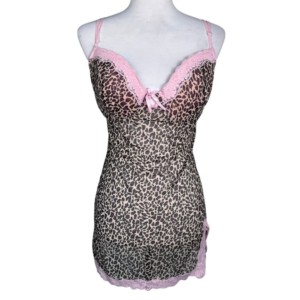 RAMPAGE 2X Vintage Y2K Leopard Print Pink Lace Trim Nightie Chemise Slip Dress